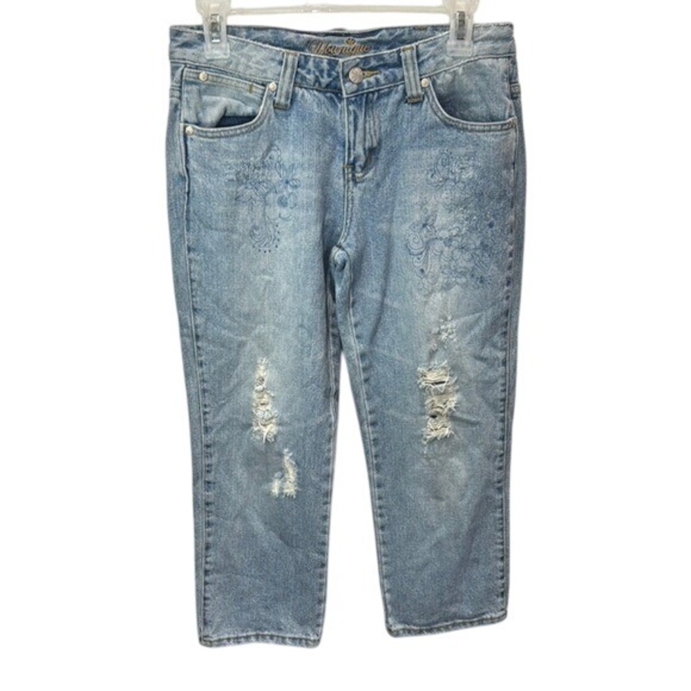 Younique Floral Embroidered Distressed Denim Cropped Jeans Size 5‎